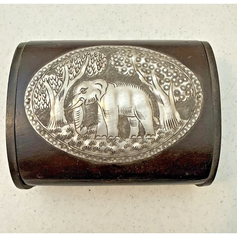 Trinket Jewelry Wooden Box Elephant Embossed Silver Engraving on Metal Top